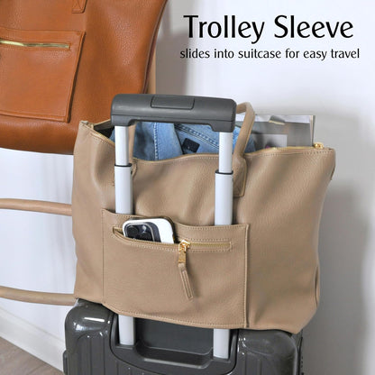 Tote Bag for Women with Zipper Vegan Leather Handbag with Trolley Sleeve Travel Weekender Carryall Bag