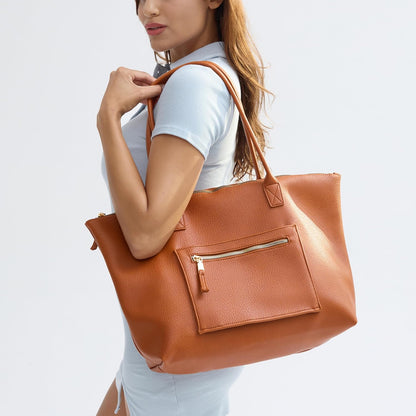 Tote Bag for Women with Zipper Vegan Leather Handbag with Trolley Sleeve Travel Weekender Carryall Bag