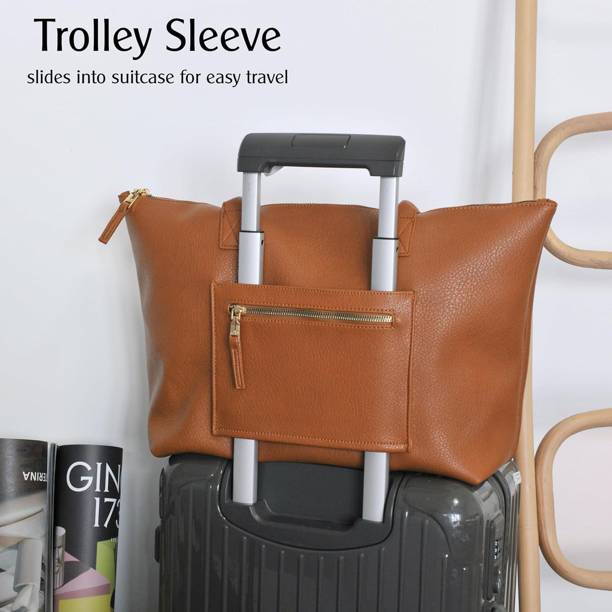Tote Bag for Women with Zipper Vegan Leather Handbag with Trolley Sleeve Travel Weekender Carryall Bag
