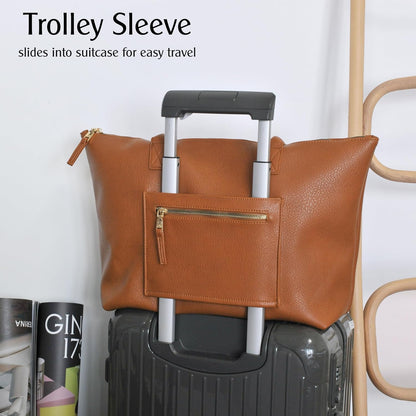 Tote Bag for Women with Zipper Vegan Leather Handbag with Trolley Sleeve Travel Weekender Carryall Bag