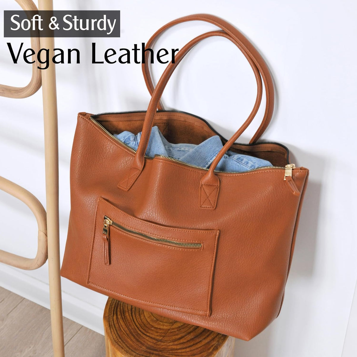Tote Bag for Women with Zipper Vegan Leather Handbag with Trolley Sleeve Travel Weekender Carryall Bag