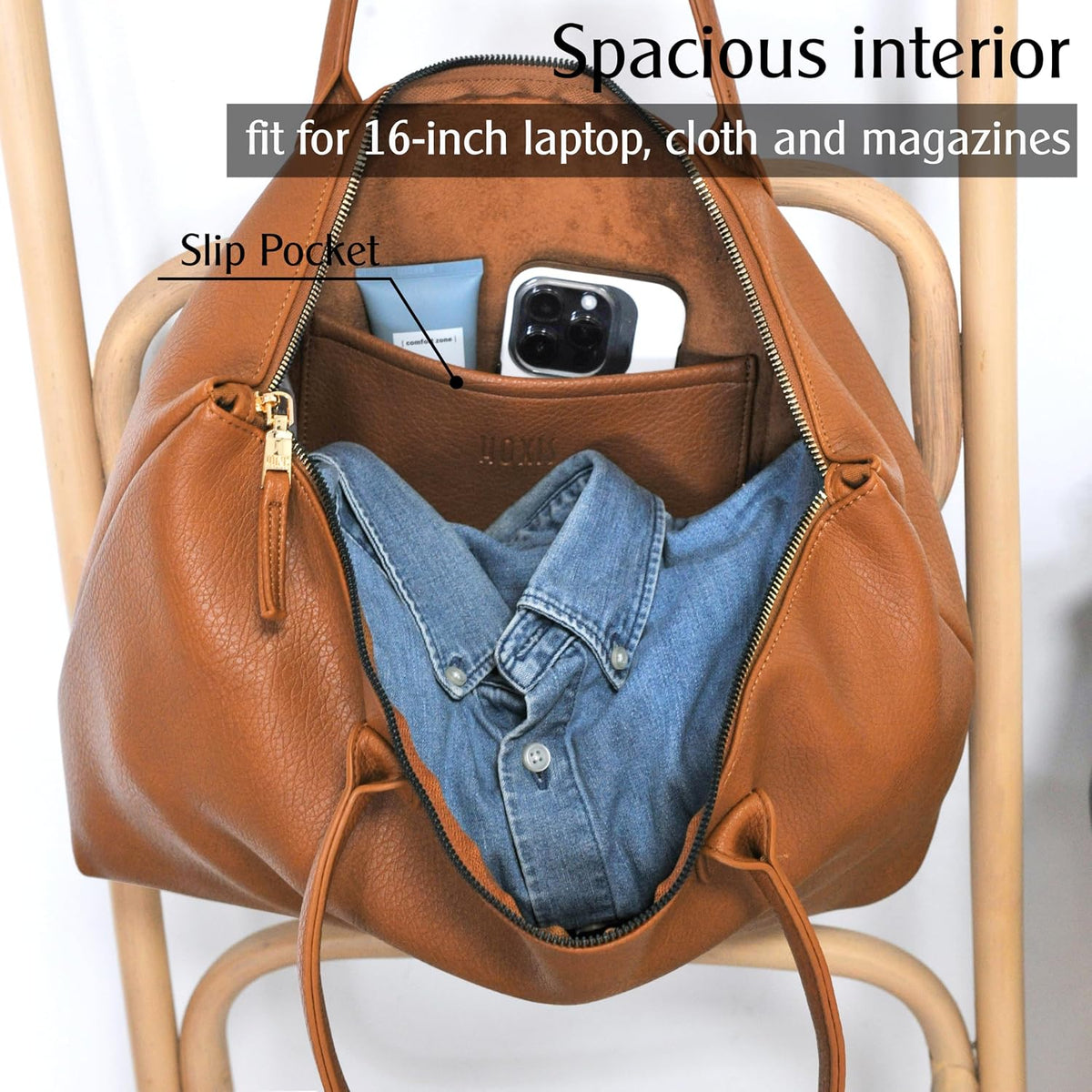 Tote Bag for Women with Zipper Vegan Leather Handbag with Trolley Sleeve Travel Weekender Carryall Bag