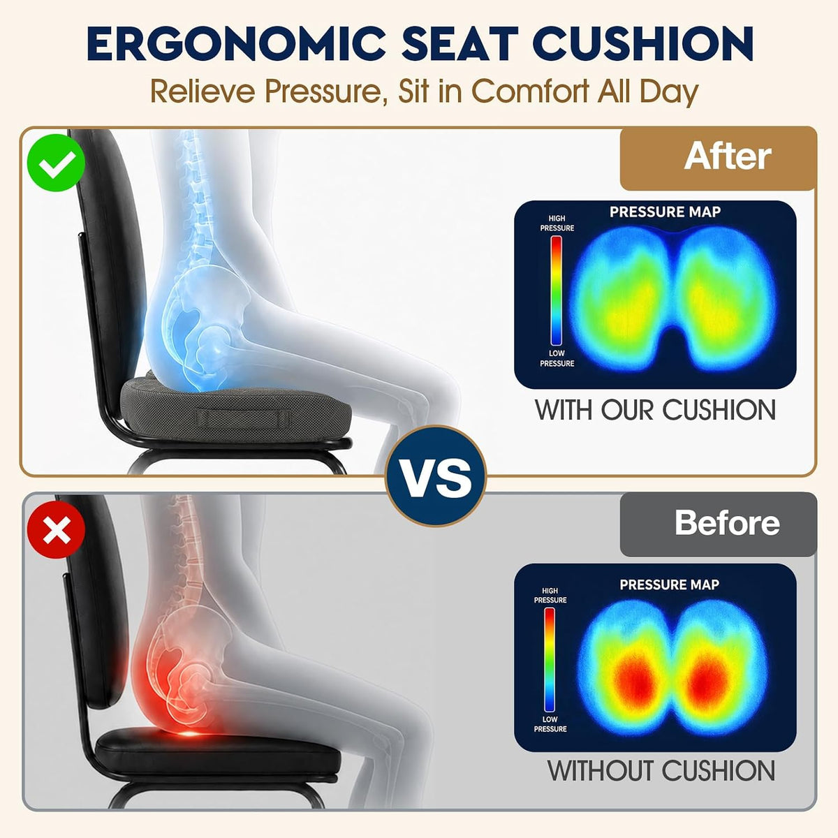 TushGuard Seat Cushion, Memory Foam Office Chair Cushion - Grey, Large
