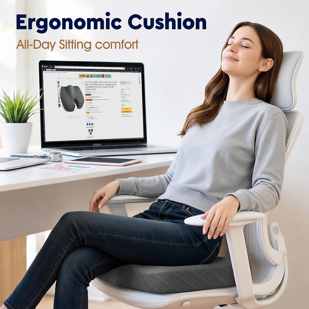 TushGuard Seat Cushion, Memory Foam Office Chair Cushion - Grey, Large