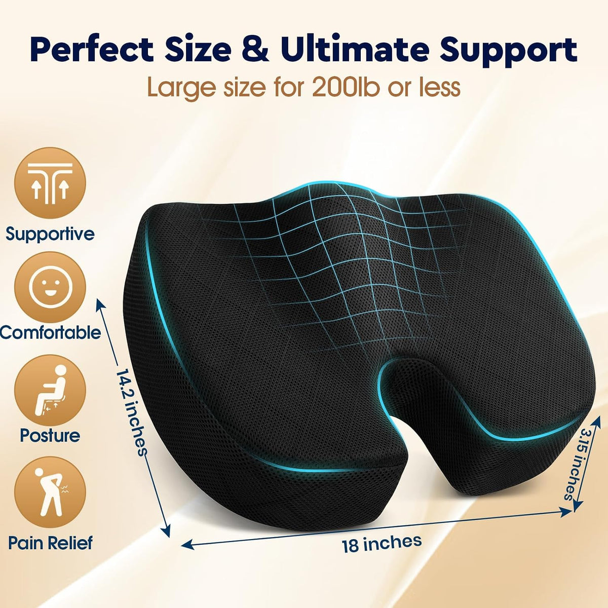 TushGuard Seat Cushion, Memory Foam Office Chair Cushion - Grey, Large
