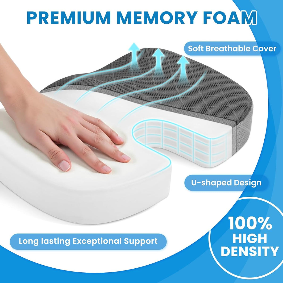 TushGuard Seat Cushion, Memory Foam Office Chair Cushion - Grey, Large