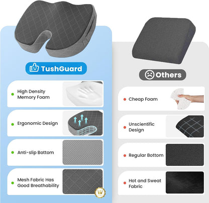 TushGuard Seat Cushion, Memory Foam Office Chair Cushion - Grey, Large