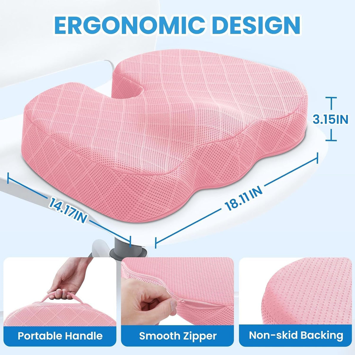 TushGuard Seat Cushion, Memory Foam Office Chair Cushion - Grey, Large