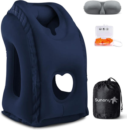 Travel Pillow, Inflatable Neck Pillow Used for Airplanes/Cars/Buses/Trains/Office Napping with Eye Mask/Earplugs (Blue)