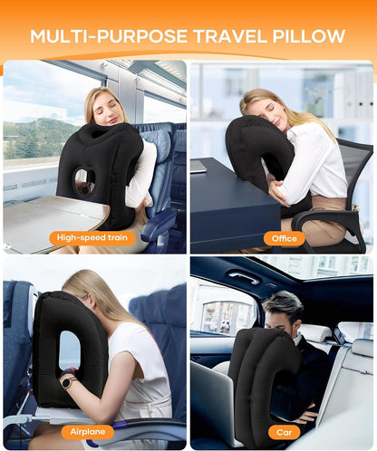 Travel Pillow, Inflatable Neck Pillow Used for Airplanes/Cars/Buses/Trains/Office Napping with Eye Mask/Earplugs (Blue)
