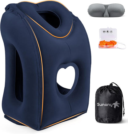 Travel Pillow, Inflatable Neck Pillow Used for Airplanes/Cars/Buses/Trains/Office Napping with Eye Mask/Earplugs (Blue)
