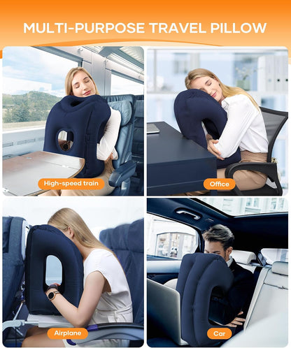 Travel Pillow, Inflatable Neck Pillow Used for Airplanes/Cars/Buses/Trains/Office Napping with Eye Mask/Earplugs (Blue)
