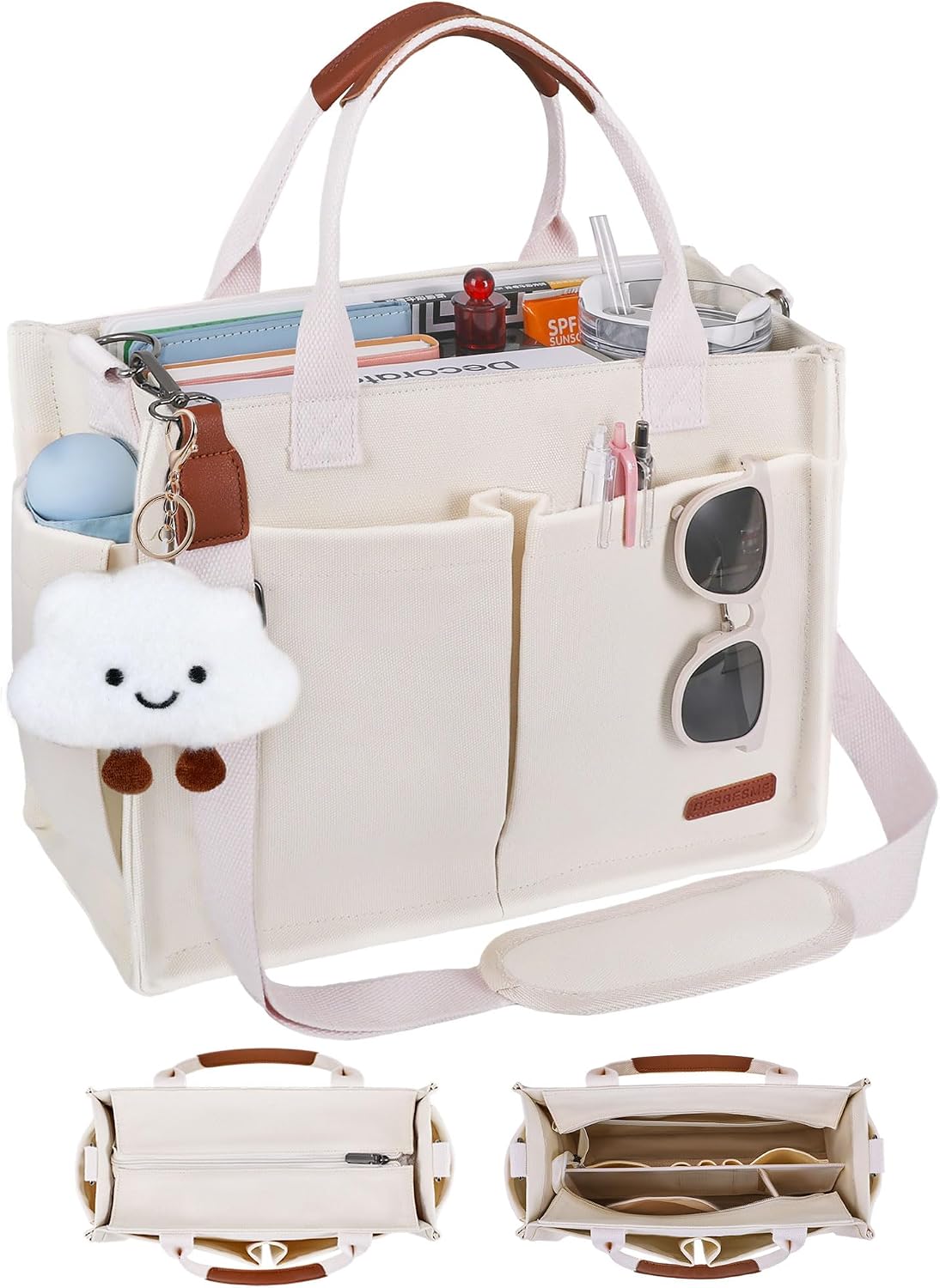 Canvas Tote Bag for Women with Zipper, Work Laptop Purse with Compartments & Luggage Sleeve, Adjustable Strap