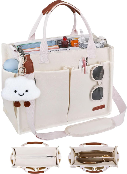 Canvas Tote Bag for Women with Zipper, Work Laptop Purse with Compartments & Luggage Sleeve, Adjustable Strap