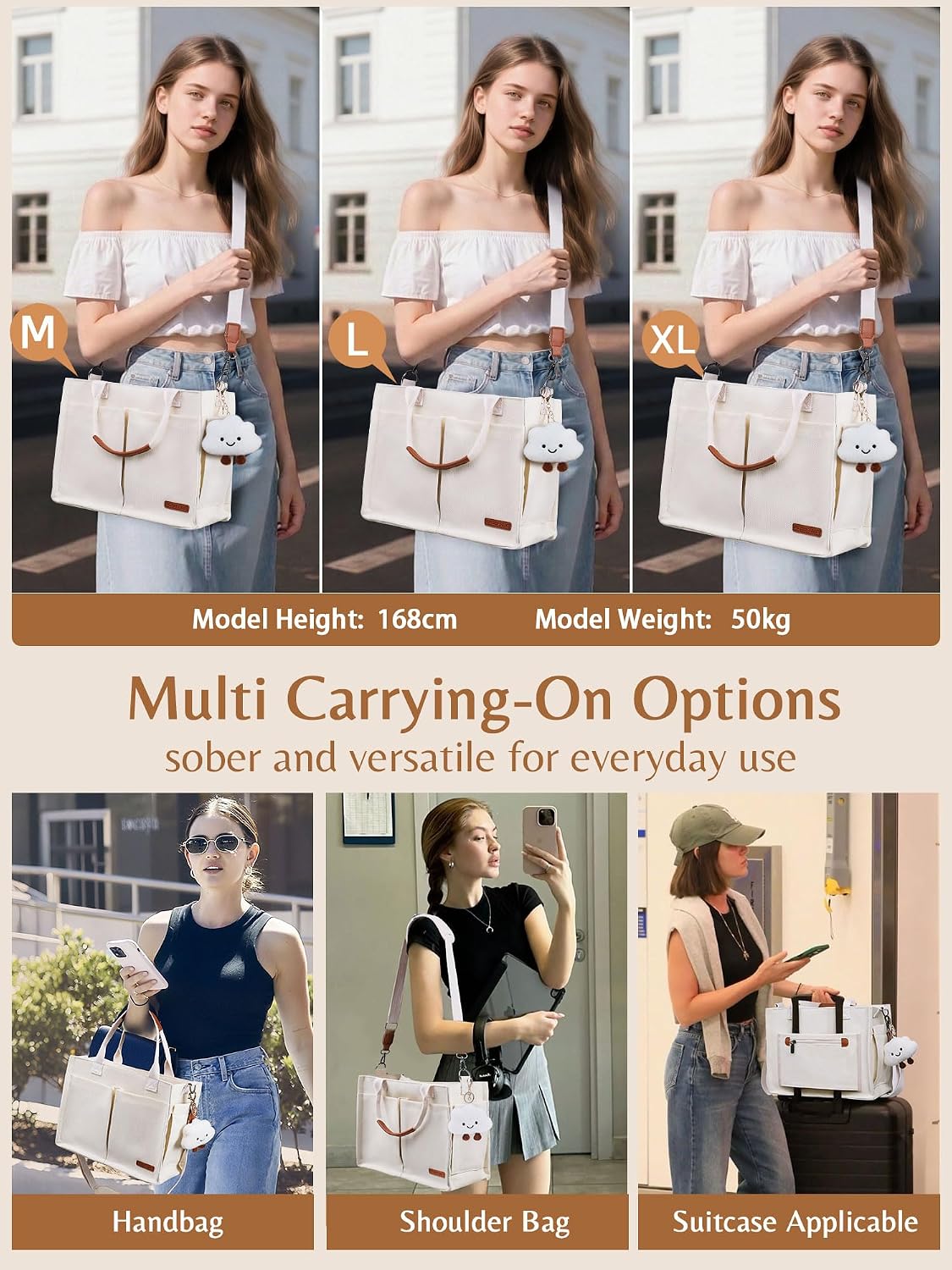 Canvas Tote Bag for Women with Zipper, Work Laptop Purse with Compartments & Luggage Sleeve, Adjustable Strap