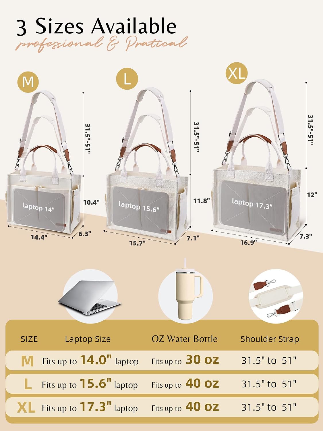 Canvas Tote Bag for Women with Zipper, Work Laptop Purse with Compartments & Luggage Sleeve, Adjustable Strap