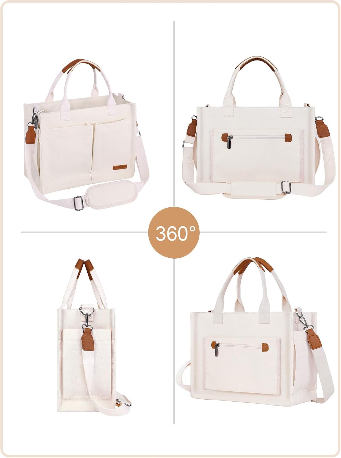Canvas Tote Bag for Women with Zipper, Work Laptop Purse with Compartments & Luggage Sleeve, Adjustable Strap