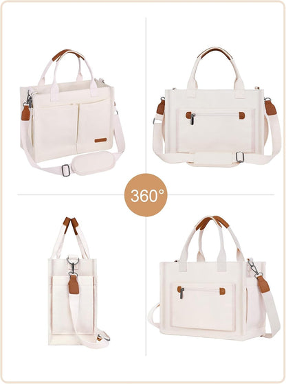 Canvas Tote Bag for Women with Zipper, Work Laptop Purse with Compartments & Luggage Sleeve, Adjustable Strap