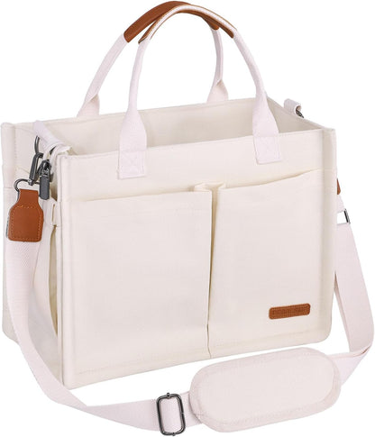 Canvas Tote Bag for Women with Zipper, Work Laptop Purse with Compartments & Luggage Sleeve, Adjustable Strap