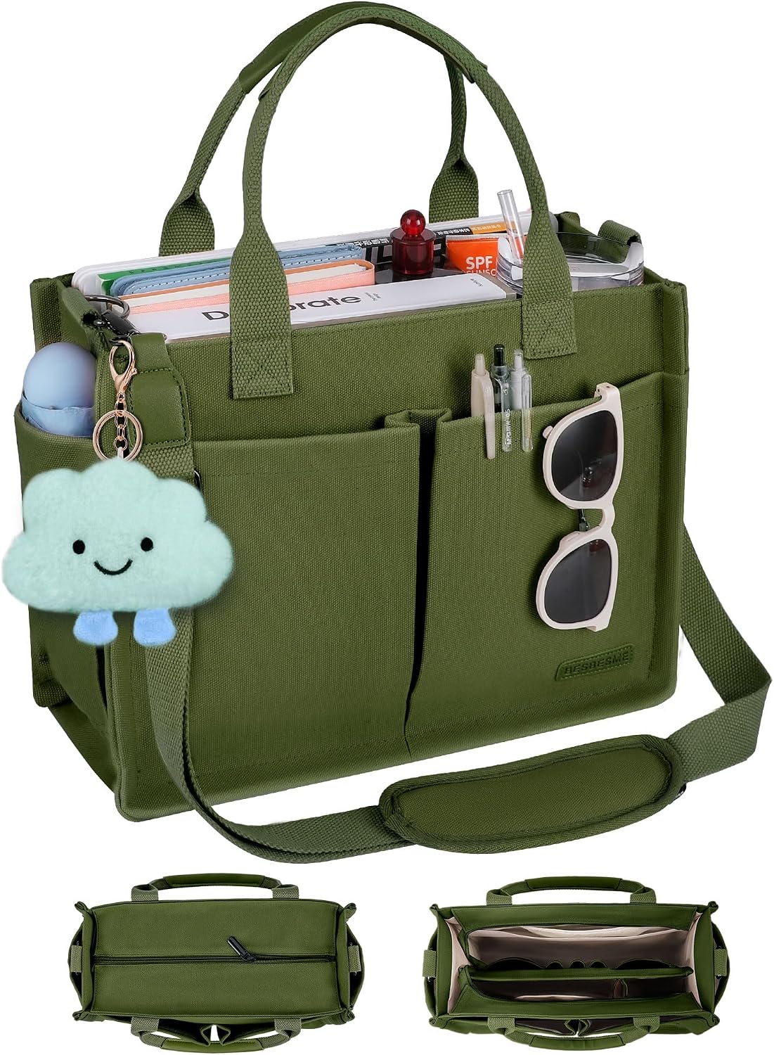 Canvas Tote Bag for Women with Zipper, Work Laptop Purse with Compartments & Luggage Sleeve, Adjustable Strap