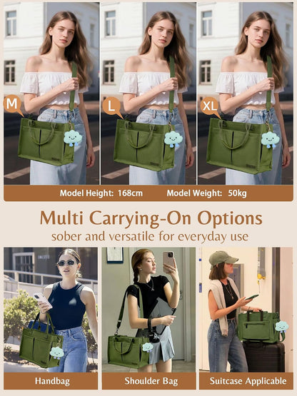 Canvas Tote Bag for Women with Zipper, Work Laptop Purse with Compartments & Luggage Sleeve, Adjustable Strap