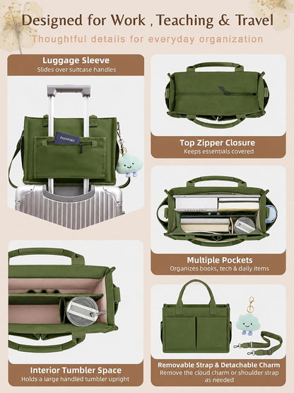 Canvas Tote Bag for Women with Zipper, Work Laptop Purse with Compartments & Luggage Sleeve, Adjustable Strap