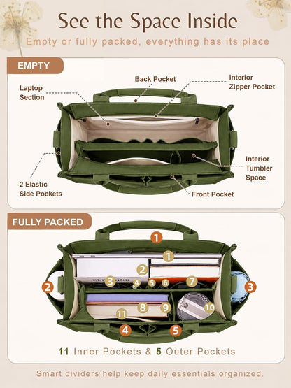 Canvas Tote Bag for Women with Zipper, Work Laptop Purse with Compartments & Luggage Sleeve, Adjustable Strap