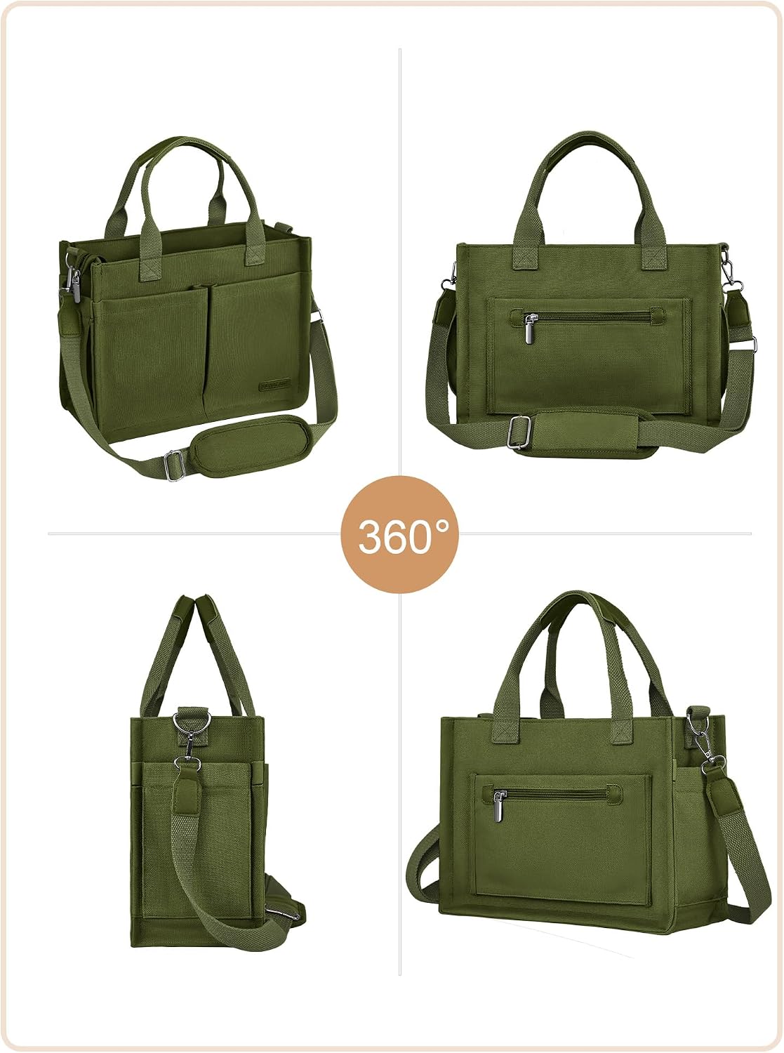 Canvas Tote Bag for Women with Zipper, Work Laptop Purse with Compartments & Luggage Sleeve, Adjustable Strap