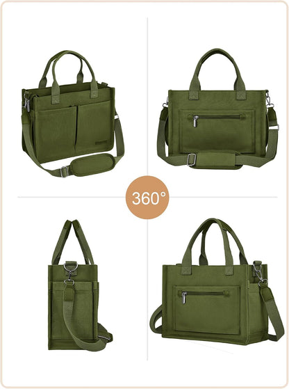 Canvas Tote Bag for Women with Zipper, Work Laptop Purse with Compartments & Luggage Sleeve, Adjustable Strap