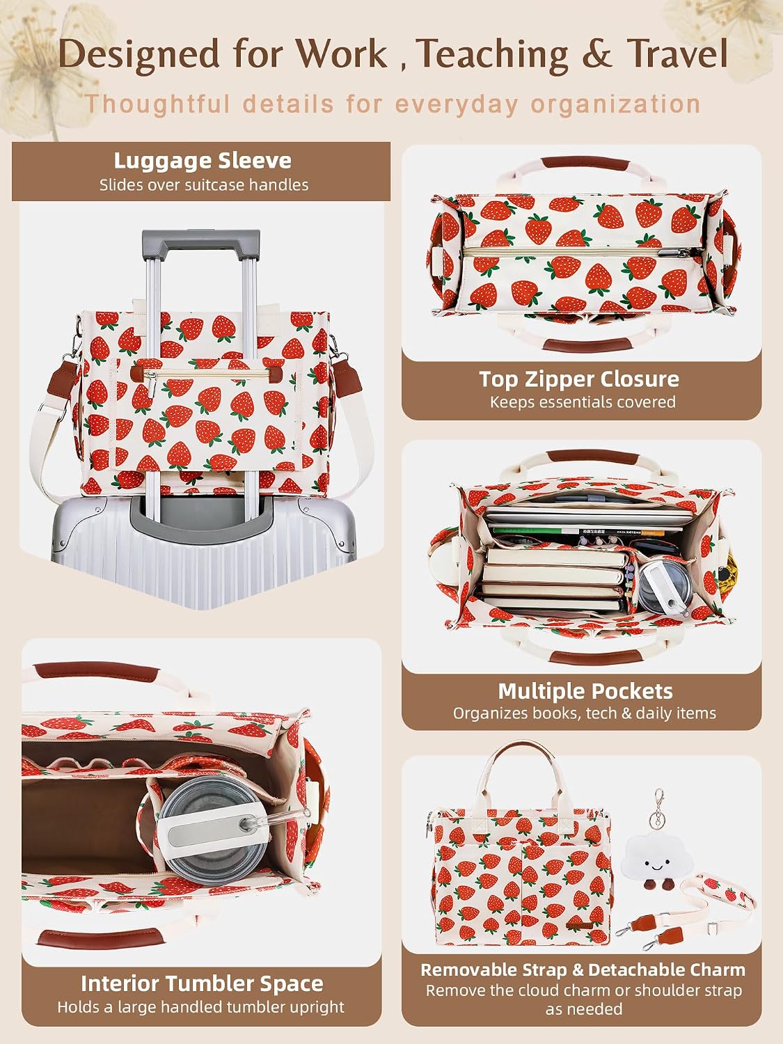 Canvas Tote Bag for Women with Zipper, Work Laptop Purse with Compartments & Luggage Sleeve, Adjustable Strap