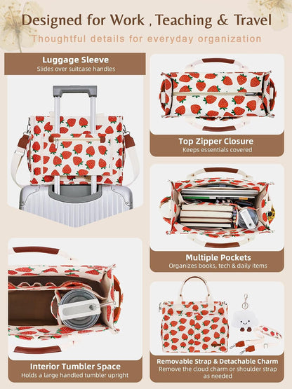 Canvas Tote Bag for Women with Zipper, Work Laptop Purse with Compartments & Luggage Sleeve, Adjustable Strap