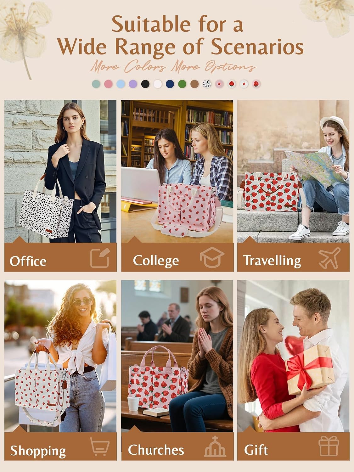 Canvas Tote Bag for Women with Zipper, Work Laptop Purse with Compartments & Luggage Sleeve, Adjustable Strap