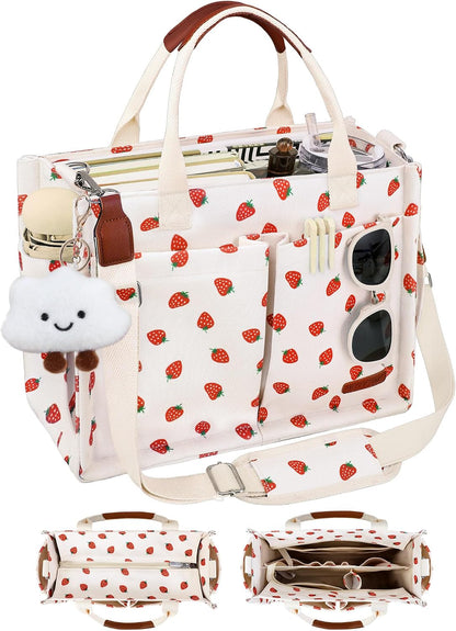 Canvas Tote Bag for Women with Zipper, Work Laptop Purse with Compartments & Luggage Sleeve, Adjustable Strap