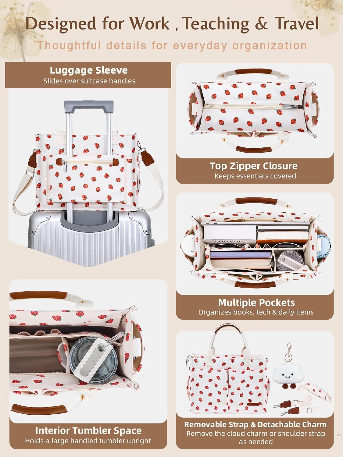 Canvas Tote Bag for Women with Zipper, Work Laptop Purse with Compartments & Luggage Sleeve, Adjustable Strap