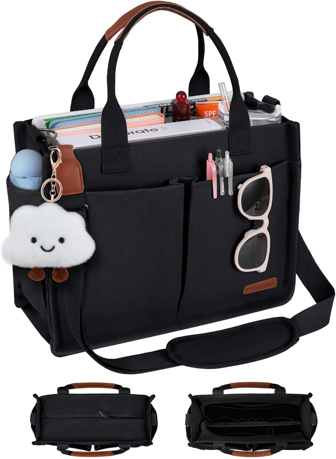 Canvas Tote Bag for Women with Zipper, Work Laptop Purse with Compartments & Luggage Sleeve, Adjustable Strap