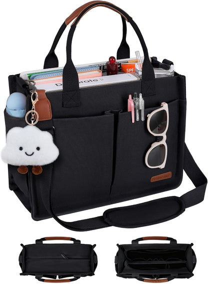 Canvas Tote Bag for Women with Zipper, Work Laptop Purse with Compartments & Luggage Sleeve, Adjustable Strap