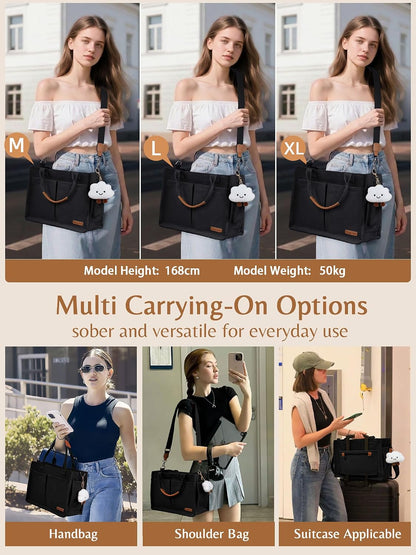 Canvas Tote Bag for Women with Zipper, Work Laptop Purse with Compartments & Luggage Sleeve, Adjustable Strap