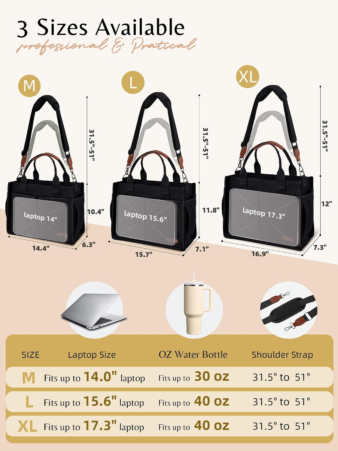 Canvas Tote Bag for Women with Zipper, Work Laptop Purse with Compartments & Luggage Sleeve, Adjustable Strap
