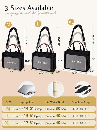 Canvas Tote Bag for Women with Zipper, Work Laptop Purse with Compartments & Luggage Sleeve, Adjustable Strap