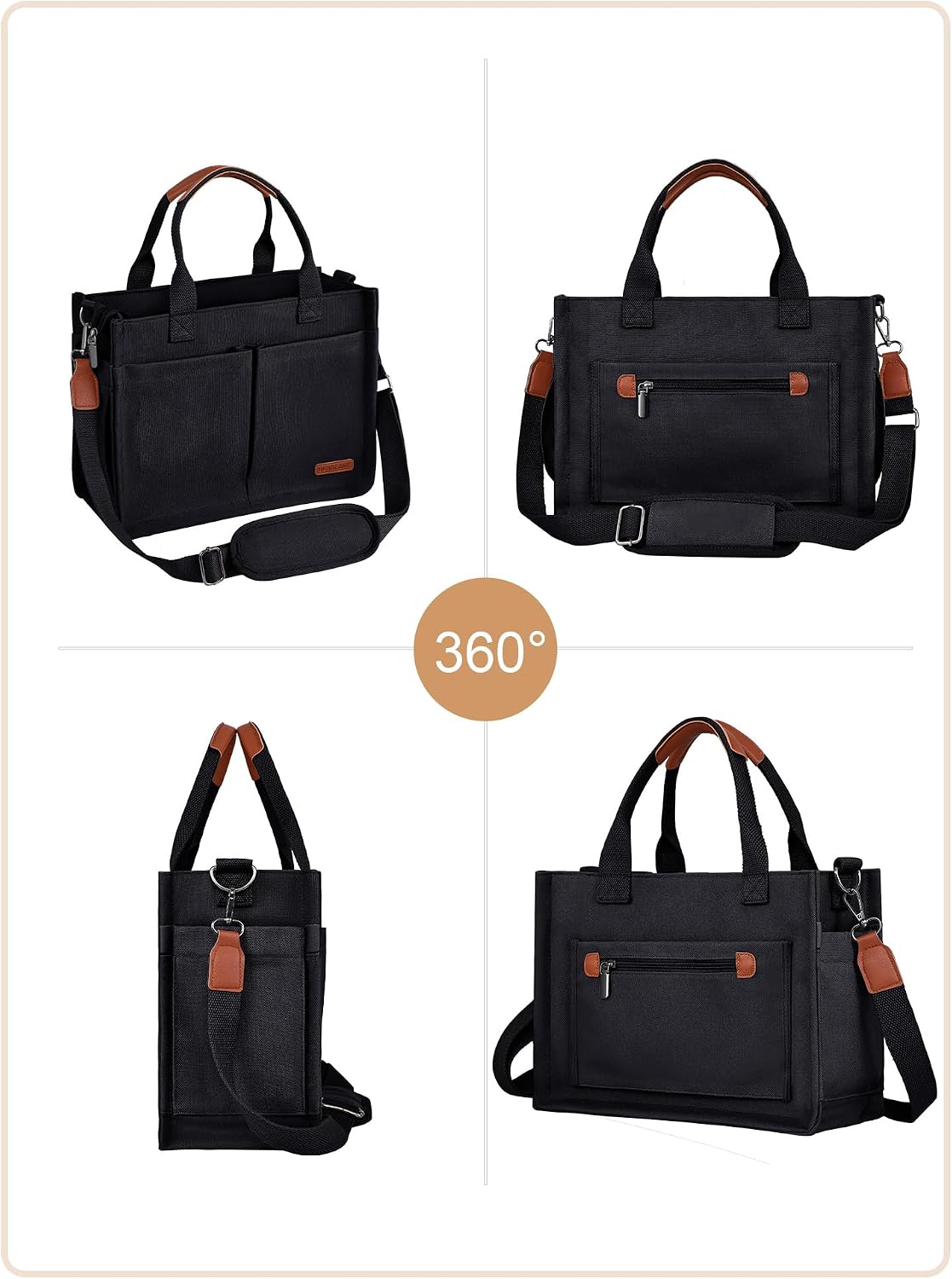 Canvas Tote Bag for Women with Zipper, Work Laptop Purse with Compartments & Luggage Sleeve, Adjustable Strap