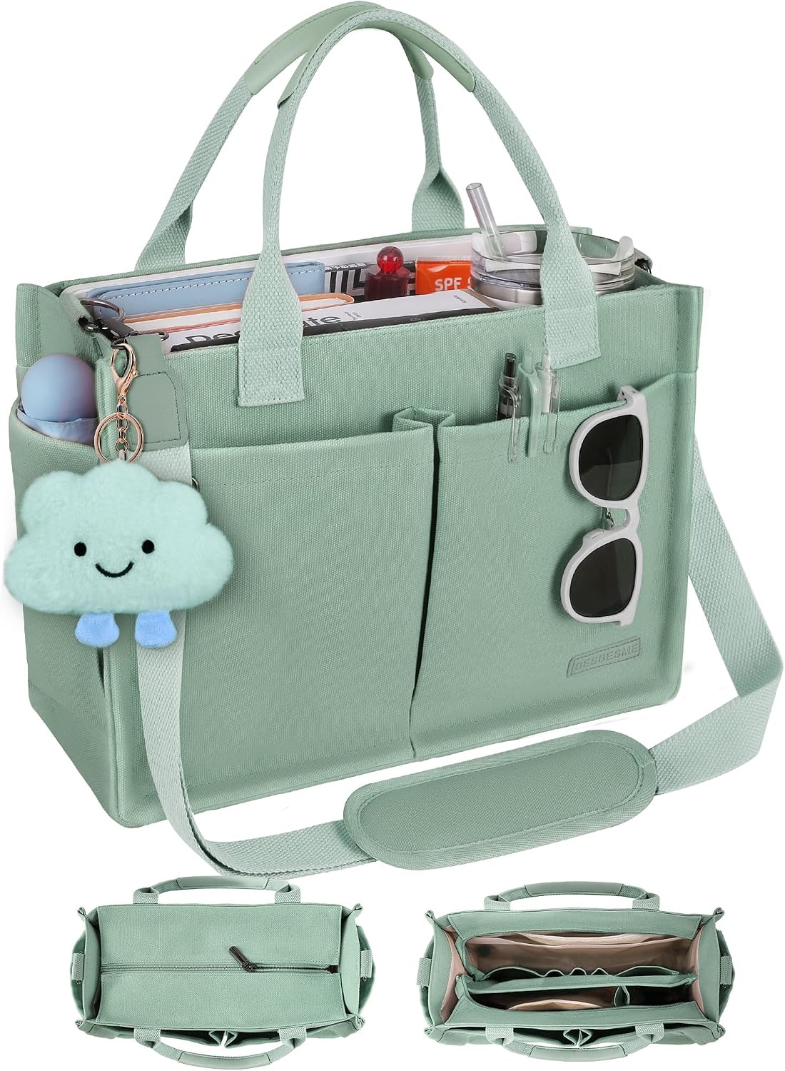 Canvas Tote Bag for Women with Zipper, Work Laptop Purse with Compartments & Luggage Sleeve, Adjustable Strap