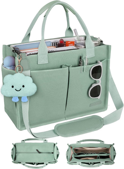 Canvas Tote Bag for Women with Zipper, Work Laptop Purse with Compartments & Luggage Sleeve, Adjustable Strap