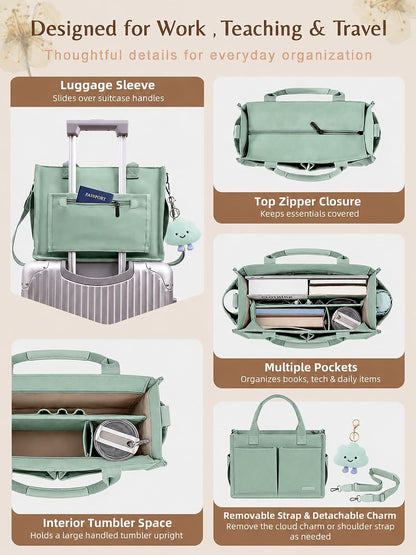 Canvas Tote Bag for Women with Zipper, Work Laptop Purse with Compartments & Luggage Sleeve, Adjustable Strap