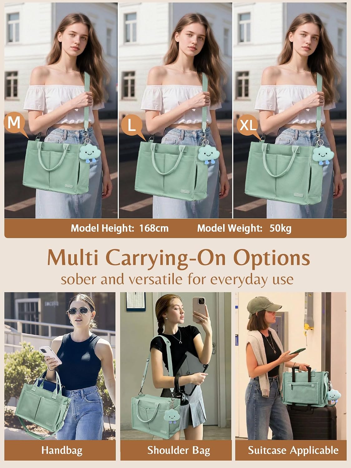 Canvas Tote Bag for Women with Zipper, Work Laptop Purse with Compartments & Luggage Sleeve, Adjustable Strap