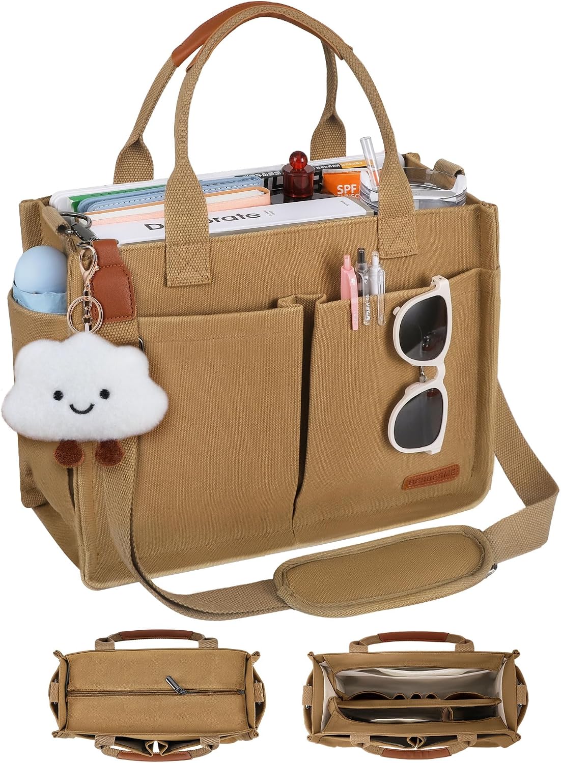 Canvas Tote Bag for Women with Zipper, Work Laptop Purse with Compartments & Luggage Sleeve, Adjustable Strap