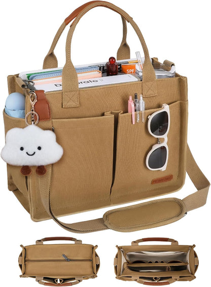 Canvas Tote Bag for Women with Zipper, Work Laptop Purse with Compartments & Luggage Sleeve, Adjustable Strap