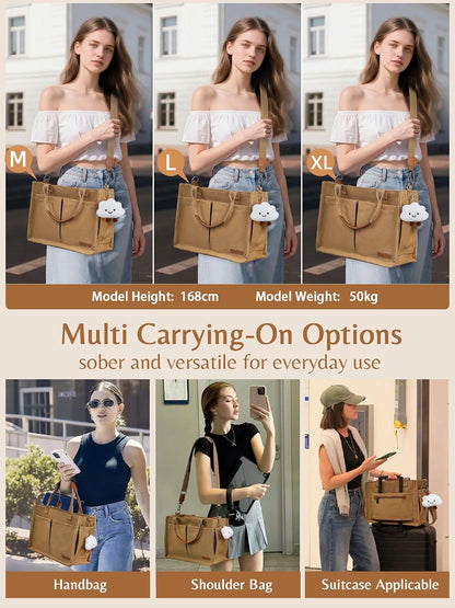 Canvas Tote Bag for Women with Zipper, Work Laptop Purse with Compartments & Luggage Sleeve, Adjustable Strap