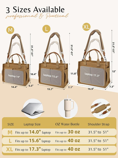 Canvas Tote Bag for Women with Zipper, Work Laptop Purse with Compartments & Luggage Sleeve, Adjustable Strap