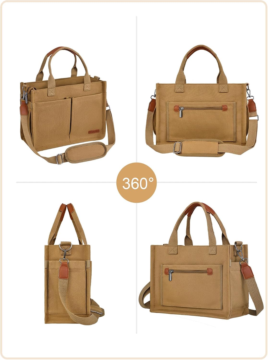 Canvas Tote Bag for Women with Zipper, Work Laptop Purse with Compartments & Luggage Sleeve, Adjustable Strap