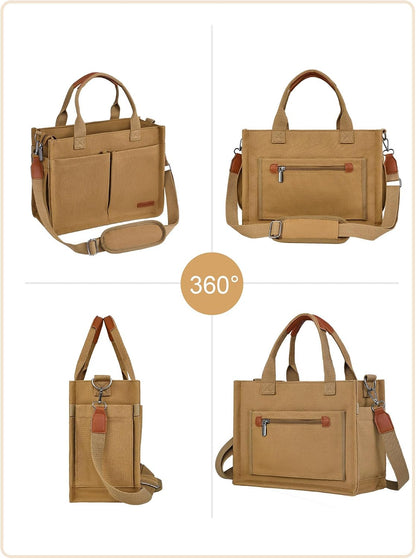 Canvas Tote Bag for Women with Zipper, Work Laptop Purse with Compartments & Luggage Sleeve, Adjustable Strap